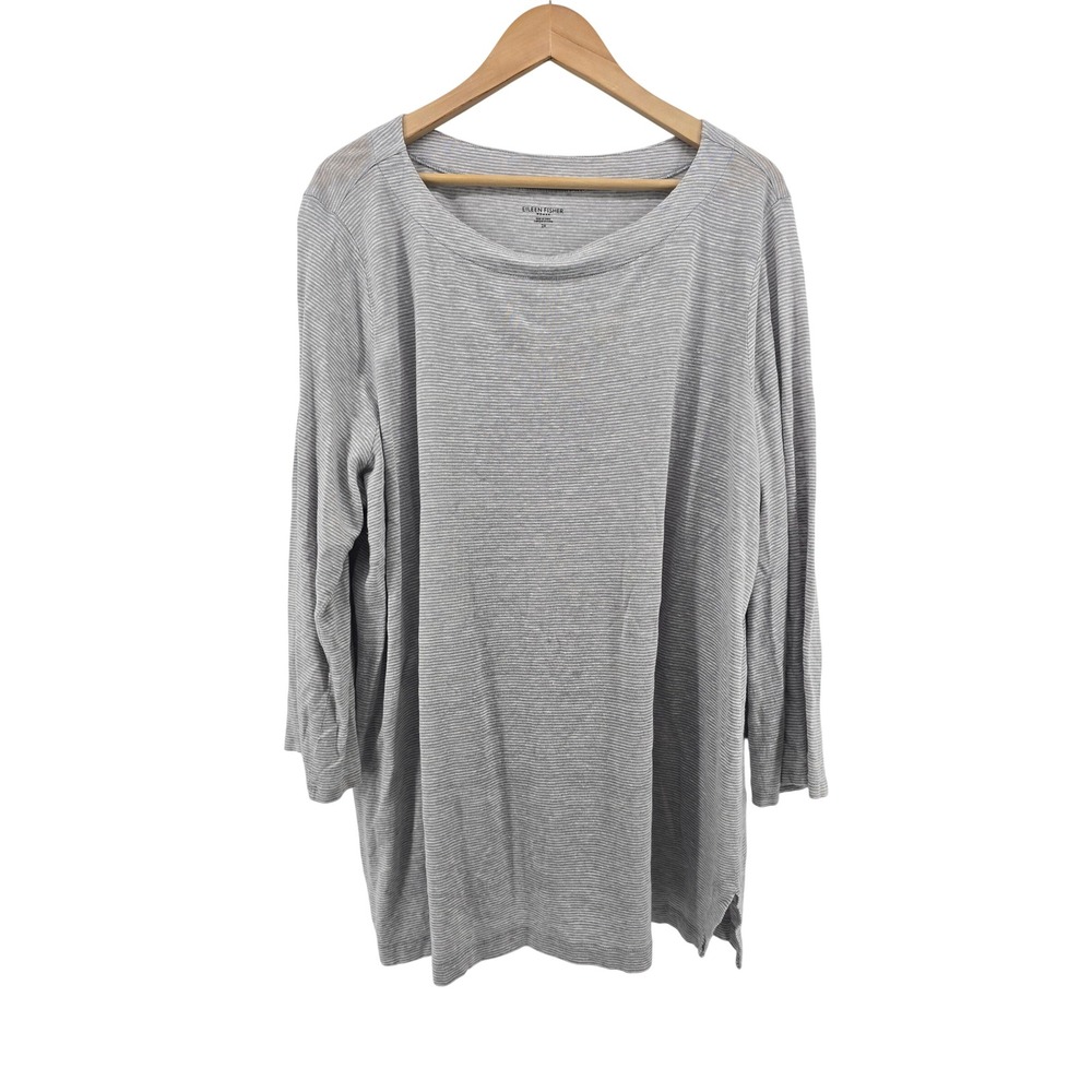 Eileen Fisher Tunic Top Womens 2X Striped Gray 3/4 Sleeve Boat Neck EUC